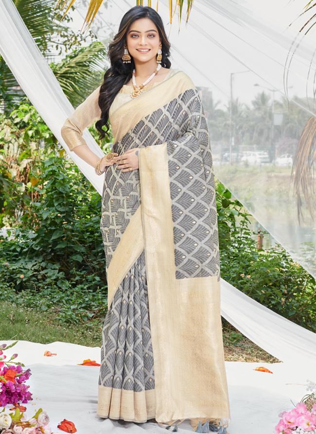 Cotton Grey Wedding Wear Weaving Saree